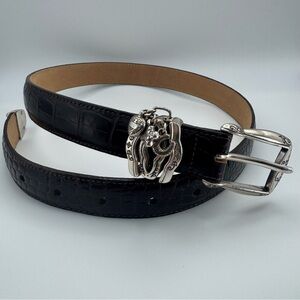 Brighton Black Croc Embossed Leather Belt Silver Tone Hardware Heart Charm